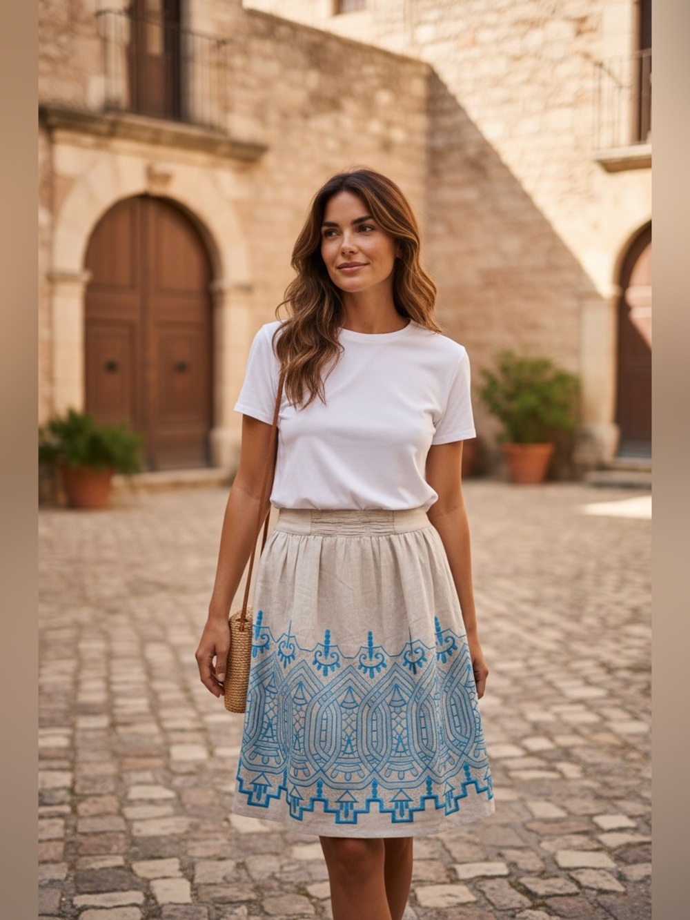 34. 100% Linen Madison Cream A-Line Skirt with Turquoise Embroidery
